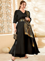 Colorblock Golden Leaf Puff Sleeve V-Neck Maxi Dress