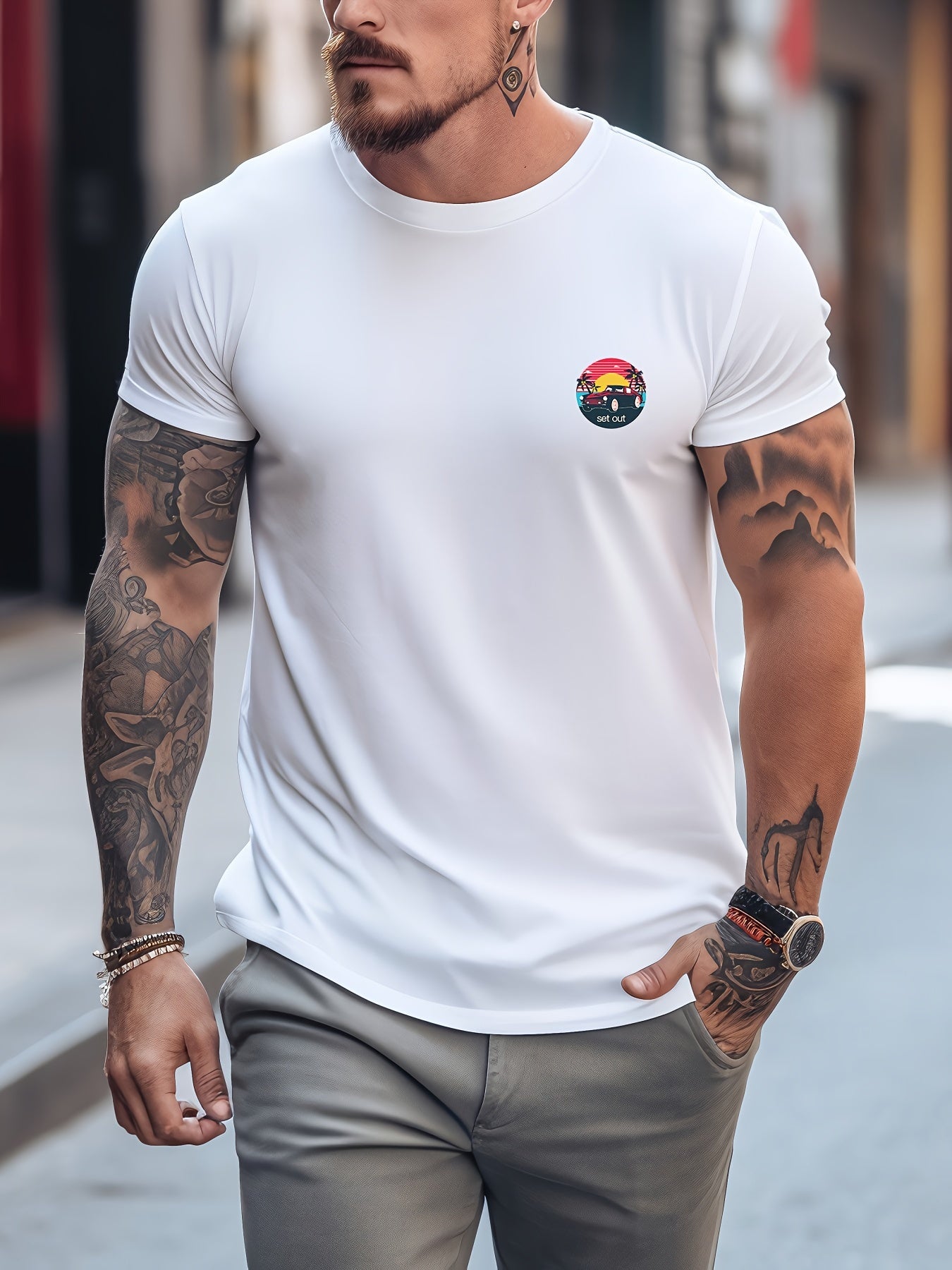 Vintage Car & Letter Print Men's T-shirt Graphic Tee
