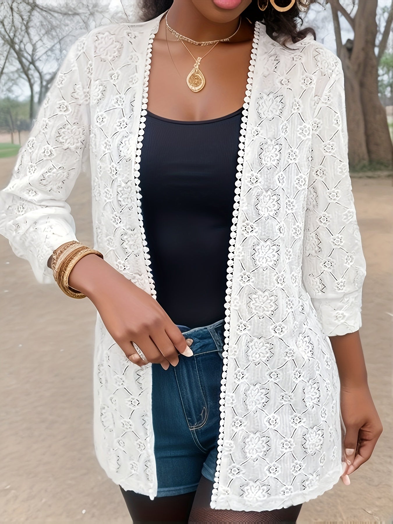 Hollow Out Floral Pattern Long Sleeve Open Front Coat