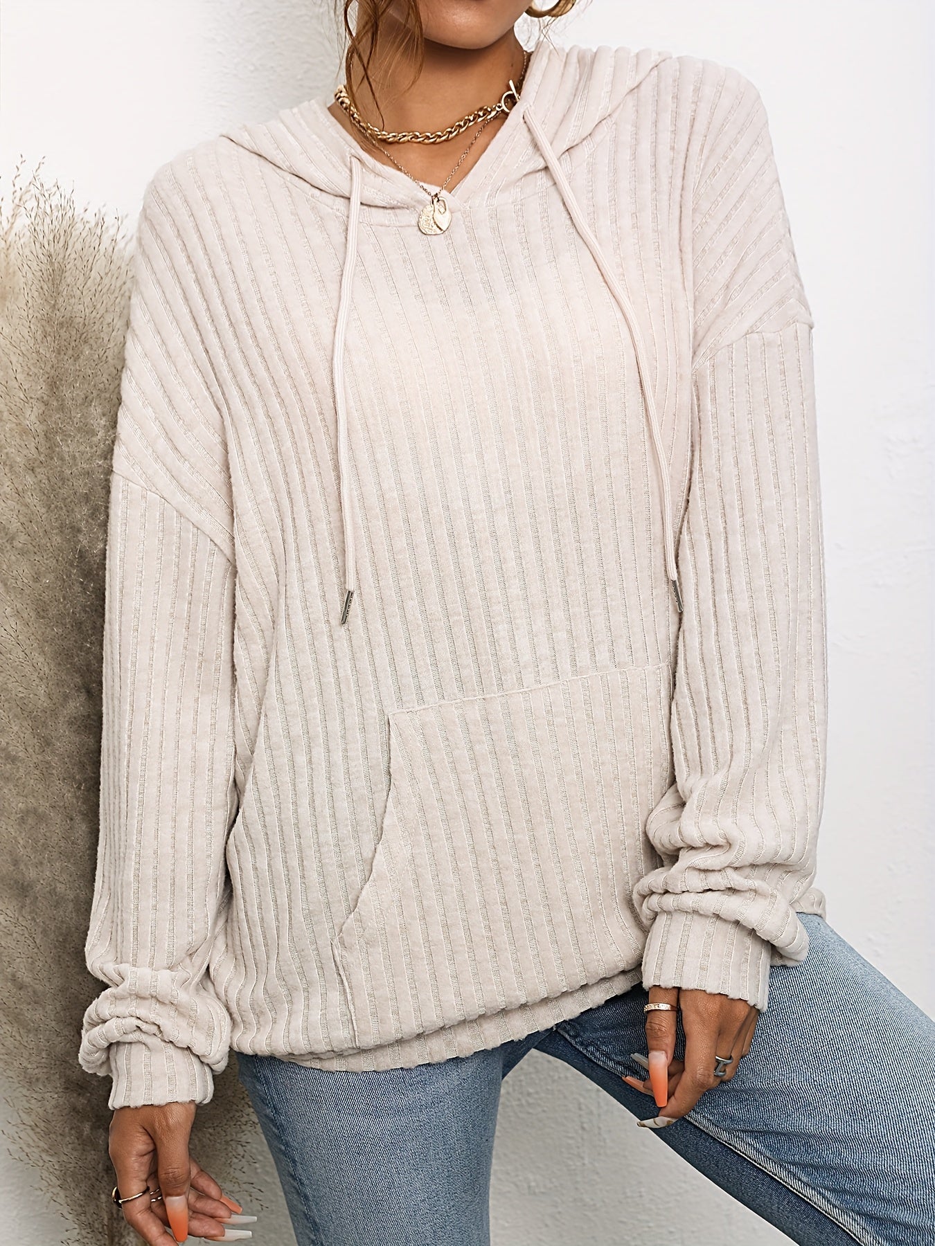 Ribbed Drawstring Hoodie with Kangaroo Pockets