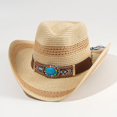 Khaki Cowboy Hat Curved Brim Straw Hat Wide Faux Jade Belt Decor Visor Hats