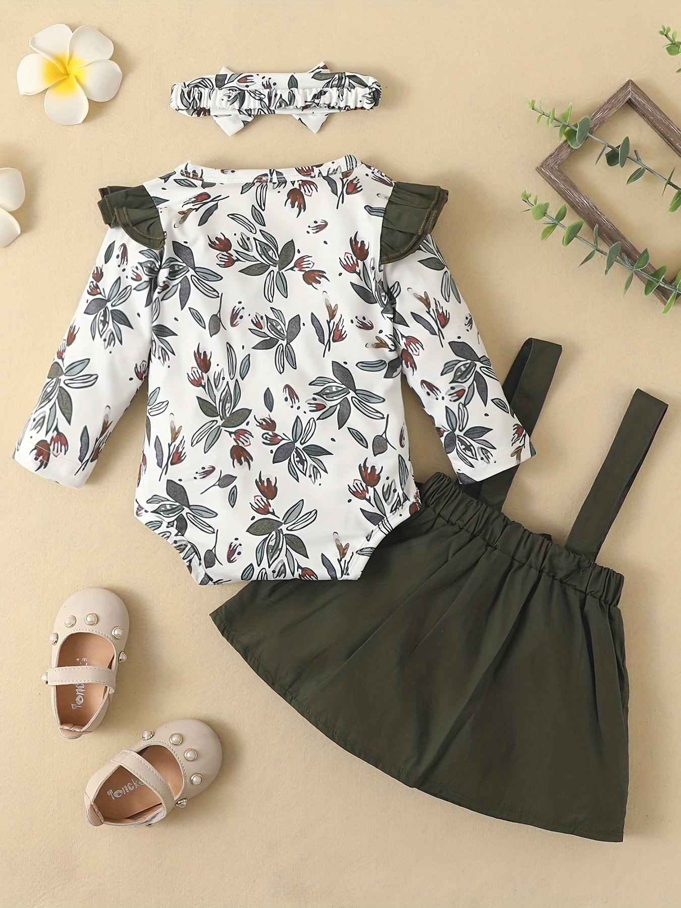 3PCS Baby Floral Print Romper & Suspender Dress Set