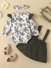 3PCS Baby Floral Print Romper & Suspender Dress Set