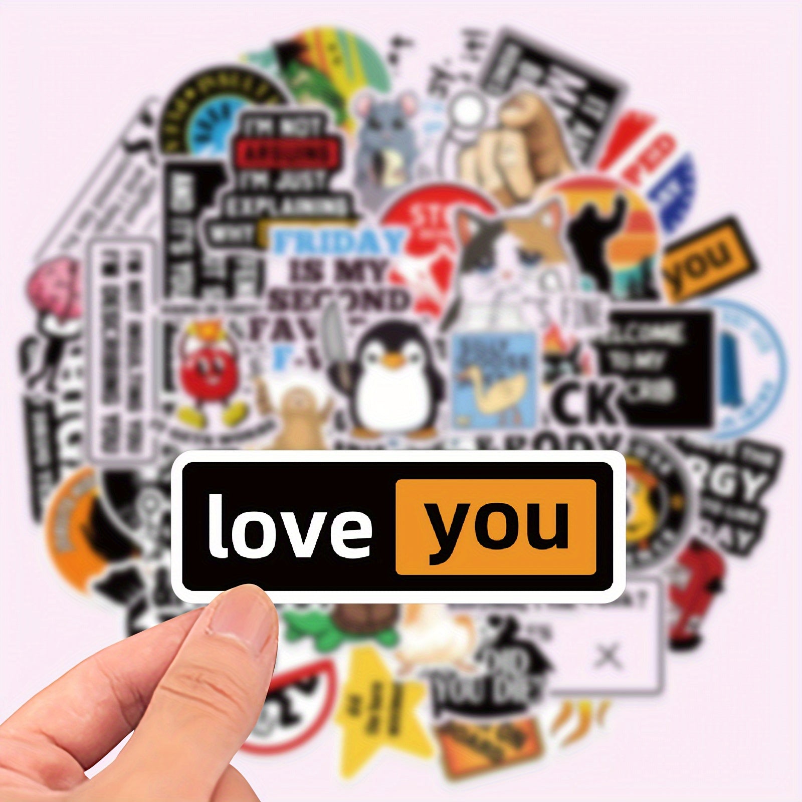 Humorous Stickers Set - Playful Cats, Penguins, Dogs & I Love You Phrases