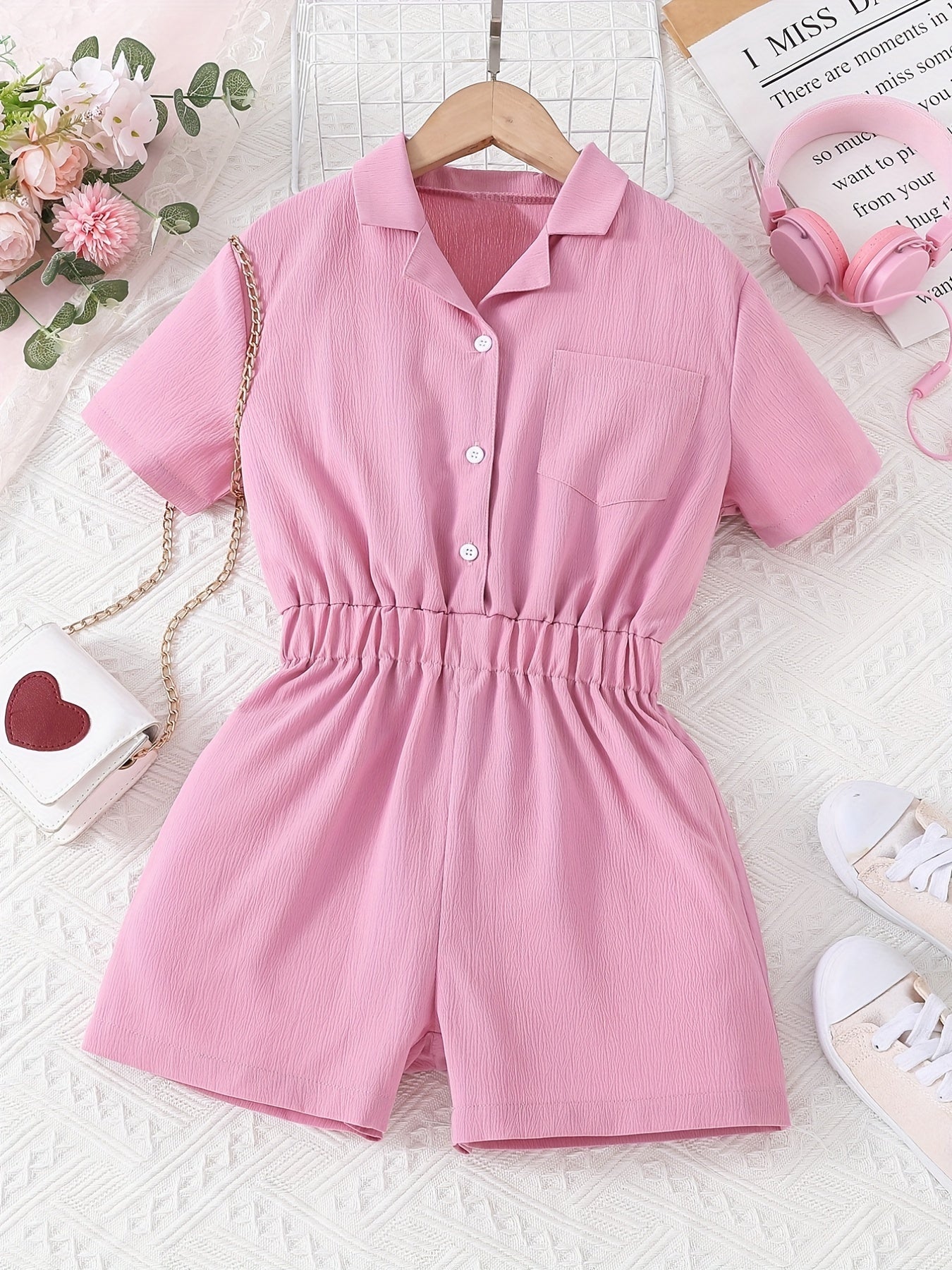 Sweet Lapel Short Sleeve Romper Elastic Waist Outfit