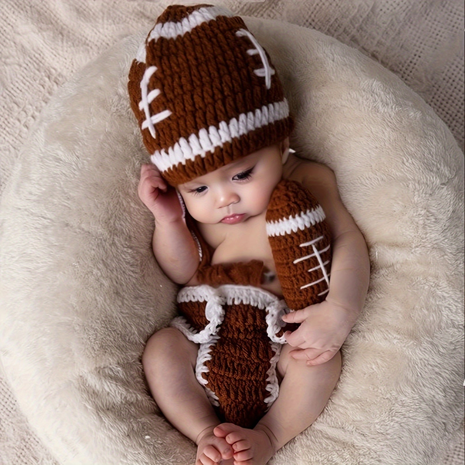 Newborn Football Crochet Outfit Set 3 Piece Photography Keepsake Ensemble