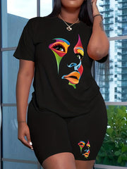 Colorblock Figure Print Short Sleeve Two Piece Set