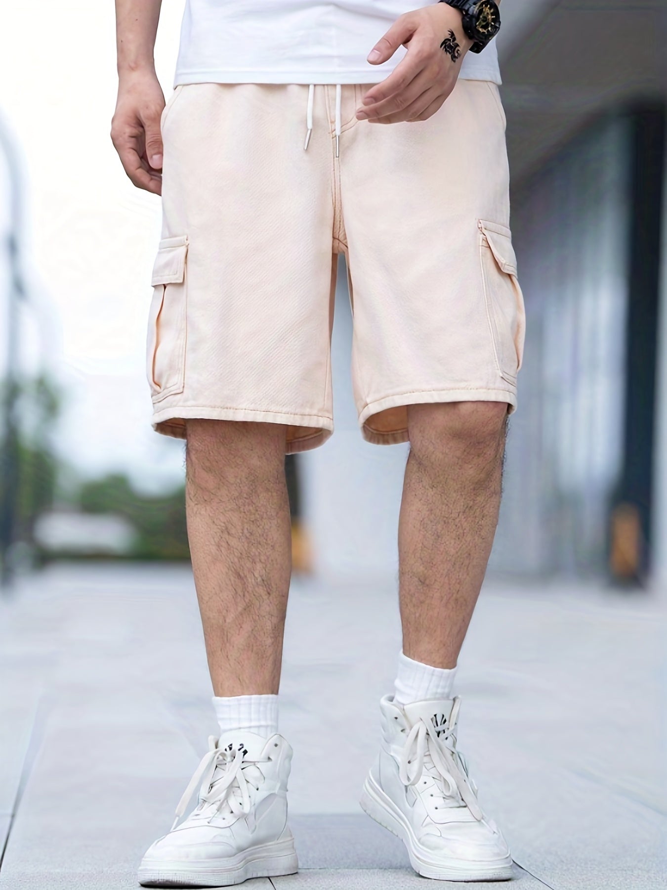 Men's Denim Cargo Shorts Drawstring Waist Casual Pocket Denim Shorts
