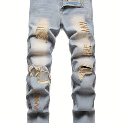 Men Embroidered Ripped Slim Straight Jeans