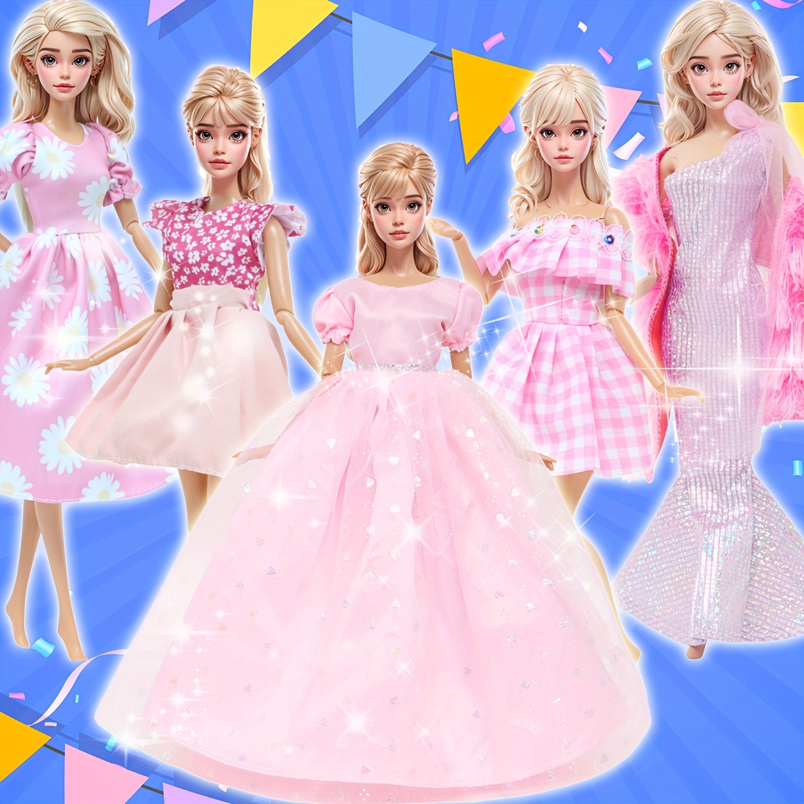 5pcs Pink Doll Clothes Set with Party Wedding Dress, Shawl Tinkerbell Gown