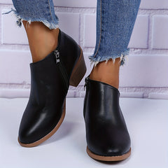 Women's Block Heel Ankle Boots Round Toe Side Zip V-cut Retro Short Boots