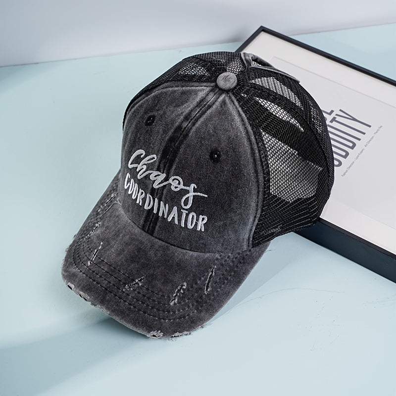 Distressed Baseball Cap Ponytail Embroidered Sports Hat