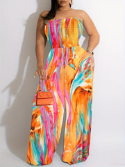 Tie Dye Print Off Shoulder Wide Leg Jumpsuit Women's Plus