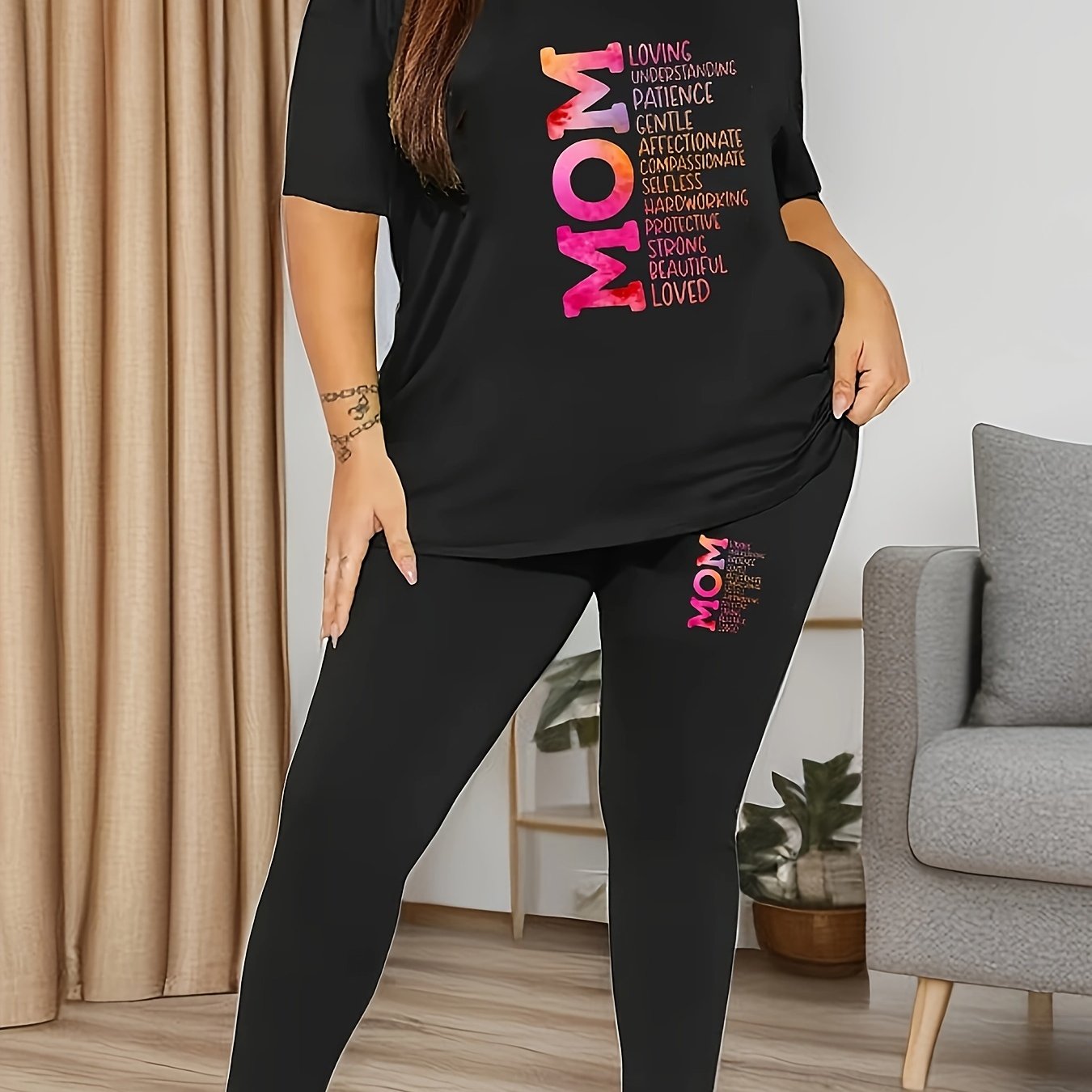 Women's Plus Ombre Letter Graphic Top & Leggings Set