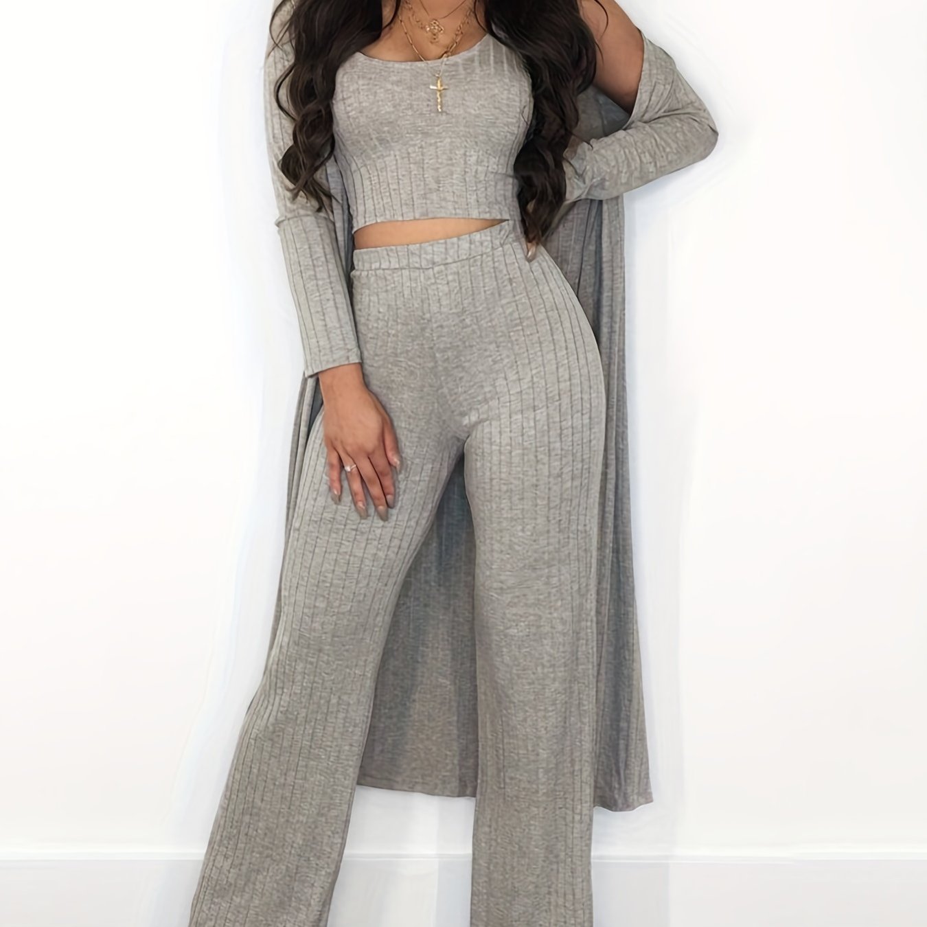 Ribbed Tank Top & Pants & Cardigan Set High Stretch Outfit