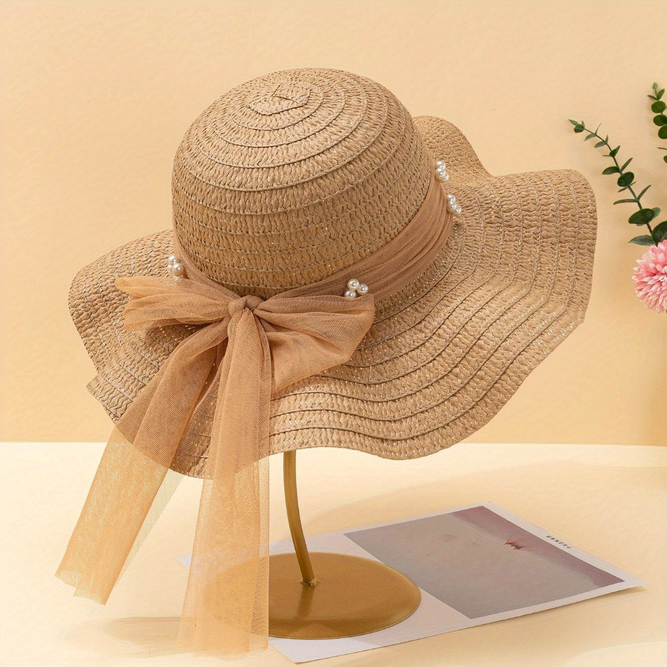 Ruffles Sun Hat Faux Pearl Straw Hat Sunscreen