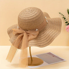 Ruffles Sun Hat Faux Pearl Straw Hat Sunscreen