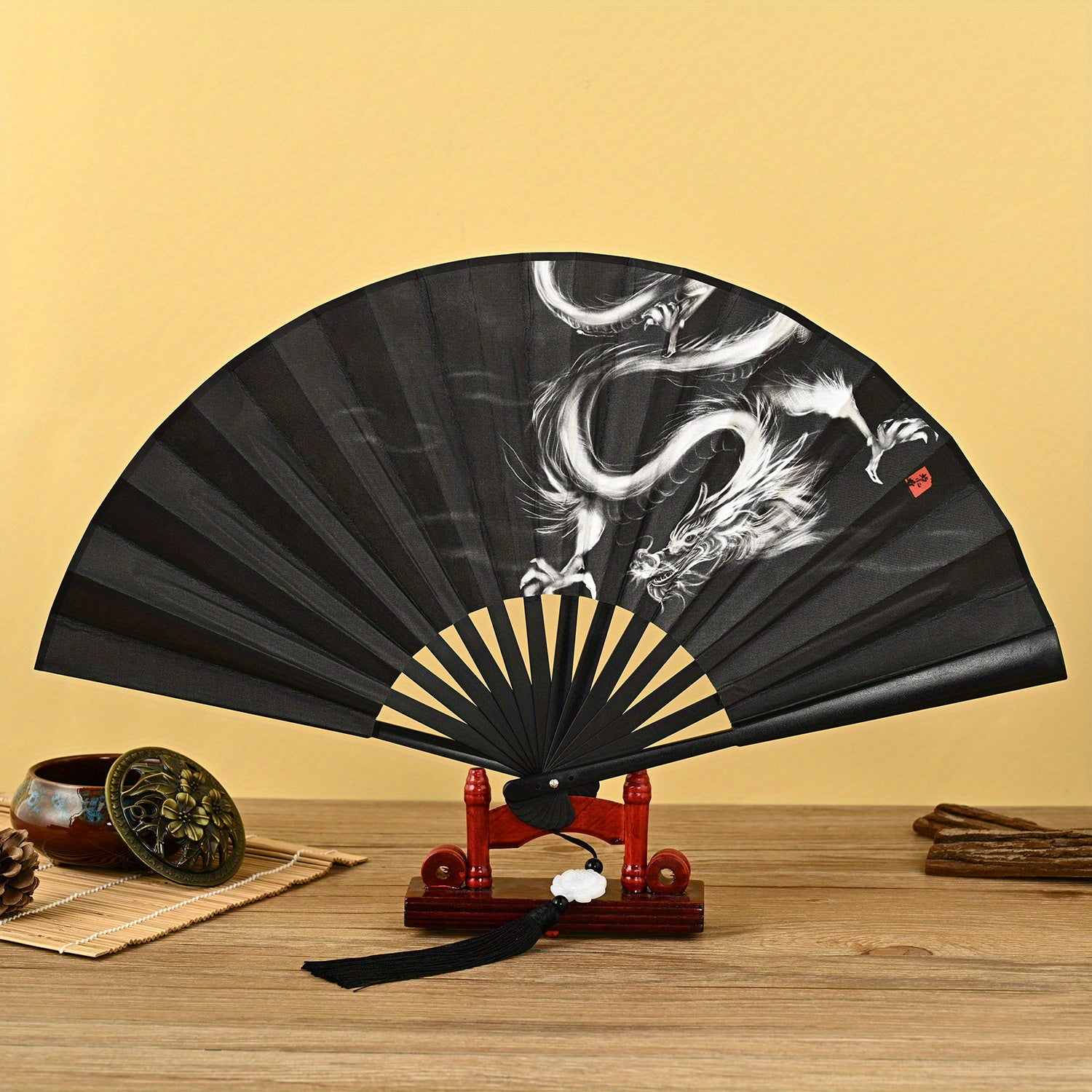 Ancient Style 32 Cm Folding Fan with Tassel Pendant for Men