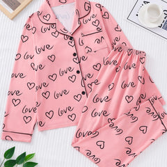 Heart Print Pajama Set Long Sleeve Buttons Top & Pants Women's Sleepwear