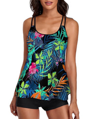 Boho Tankini Set Women's Plus Tropical Print Cami Top & Shorts Swimsui
