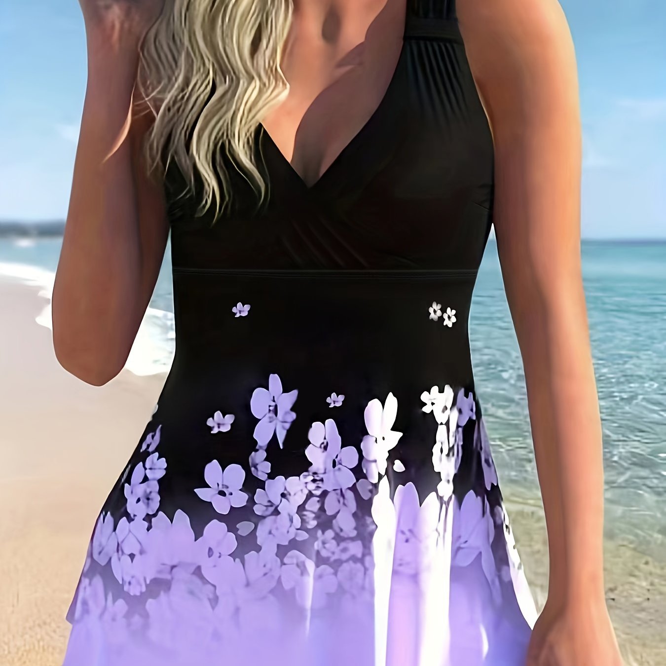 Floral Print Tankini Set V Neck Dress & Panty Swimsuit