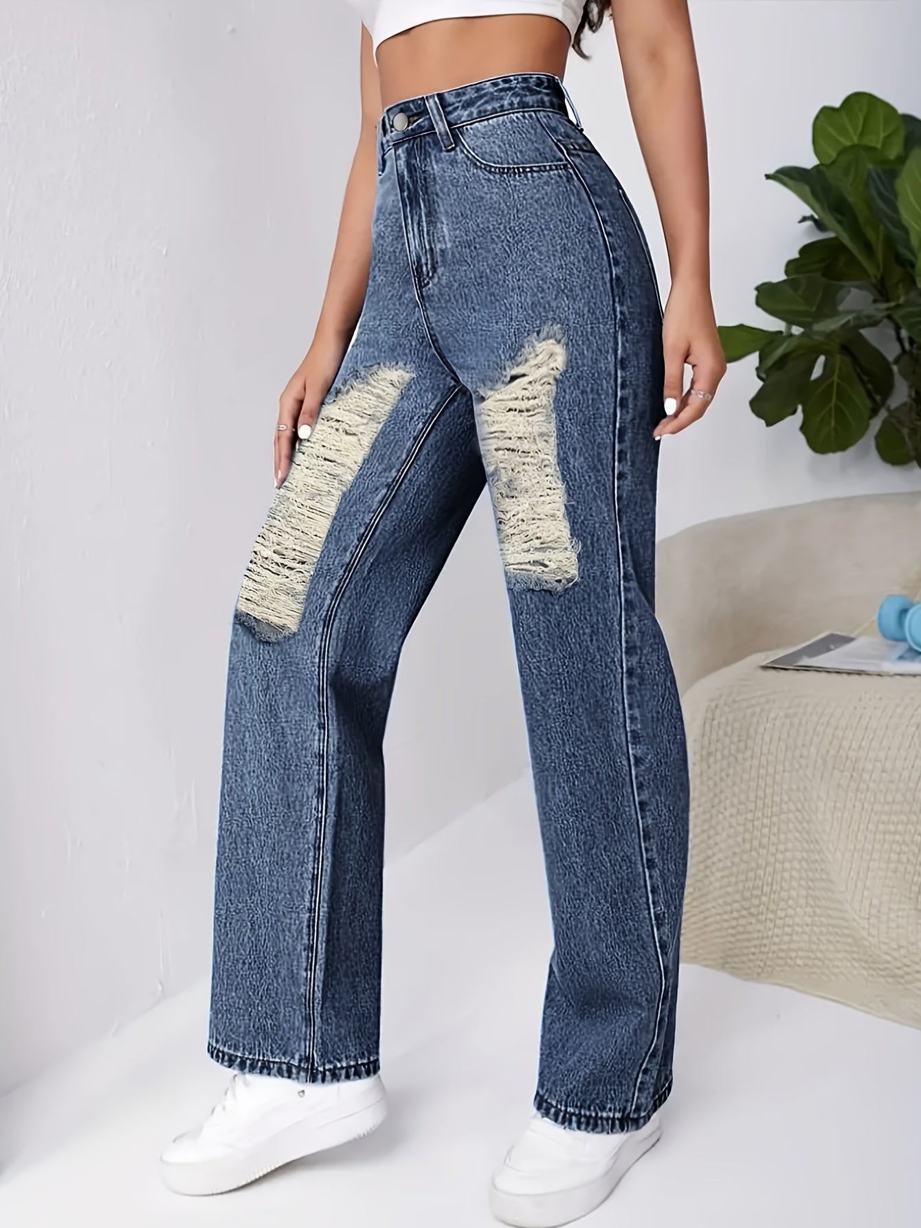 Ripped Holes Straight Jeans Loose Fit Slash Pockets