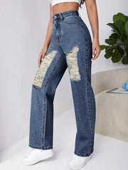 Ripped Holes Straight Jeans Loose Fit Slash Pockets