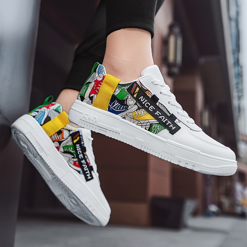 Men's Cartoon Print Skate Shoes NICE FAITH Patch Decor