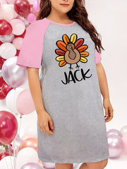 Casual Turkey & Letter Print Raglan Sleeve Tee Sleep Dress