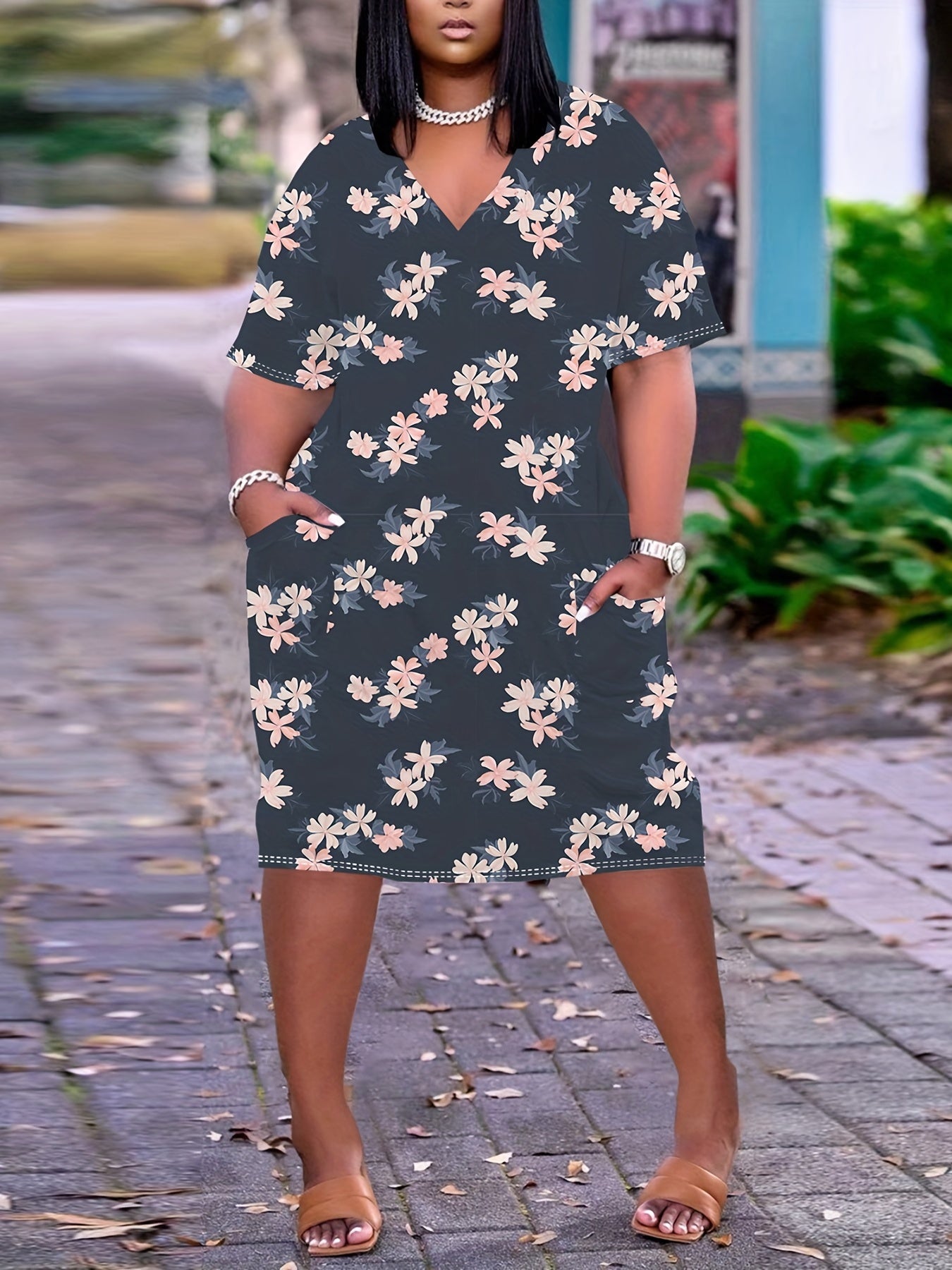 Casual Floral Print V Neck Dress With Pockets