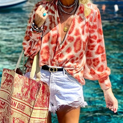 Leopard Print Button Up Long Sleeve Mock Neck Blouse