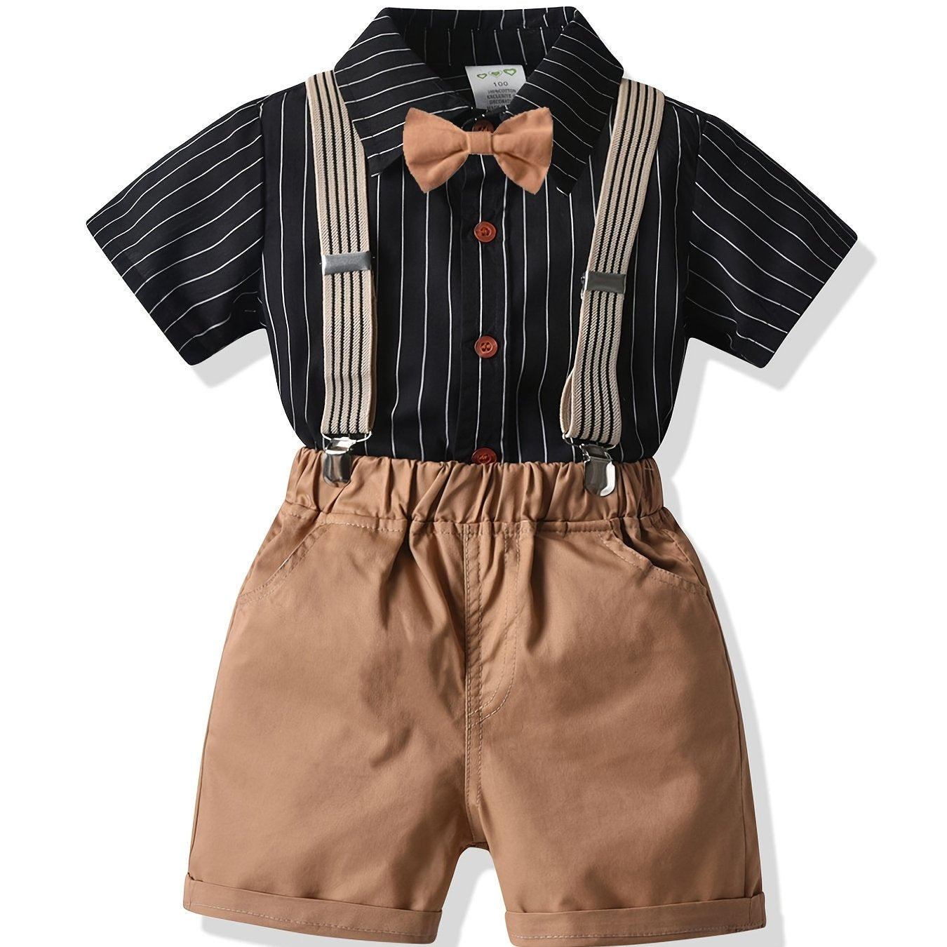 Boys Gentle Outfit Set: Striped Shirt & Suspender Shorts