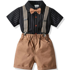 Boys Gentle Outfit Set: Striped Shirt & Suspender Shorts