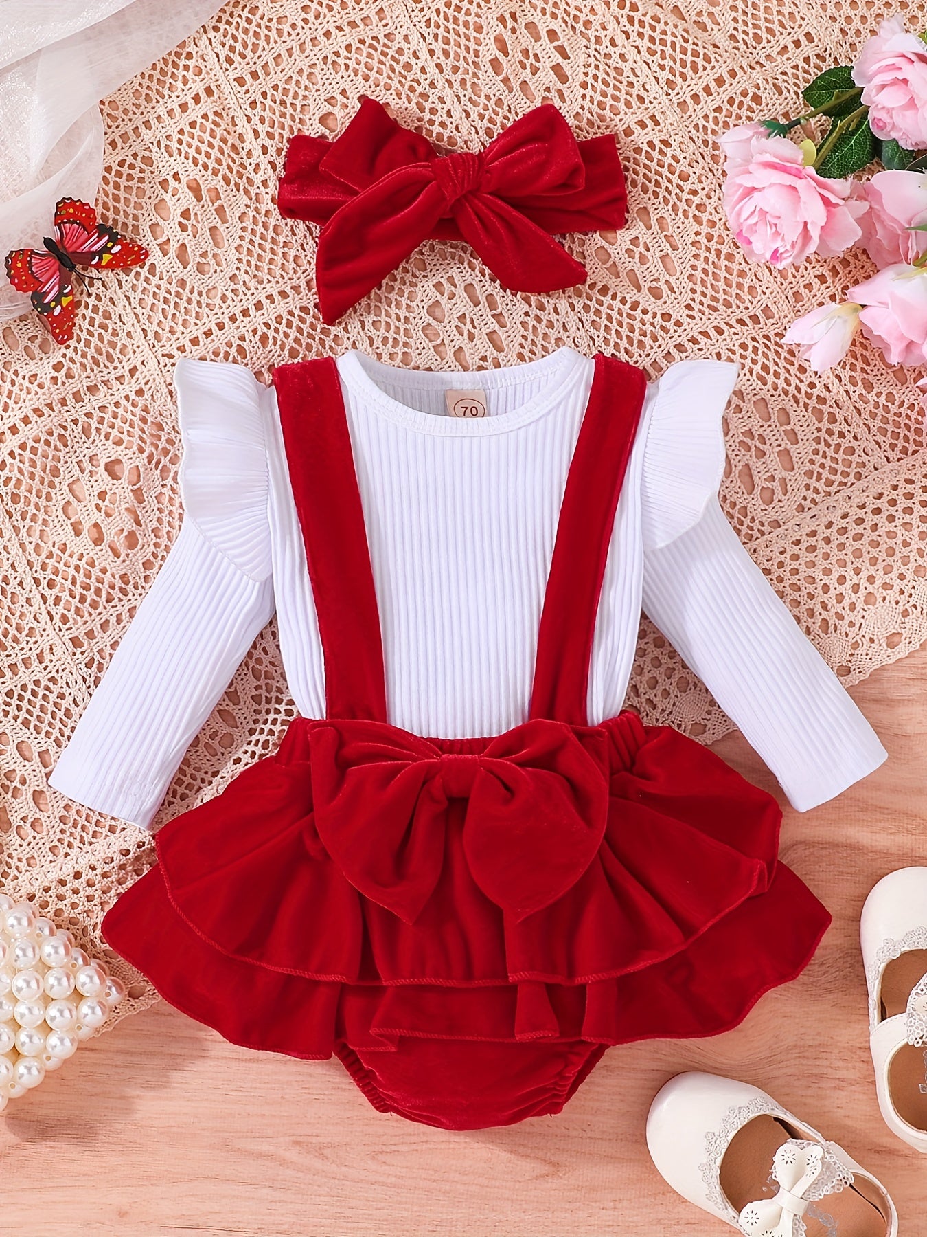 3pcs Baby Girls Tops & Suspender Skirt Onesie & Headband Set