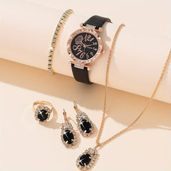 1pc Student Digital Rhinestone Quartz Watch & 5pcs Children's Jewelry Set