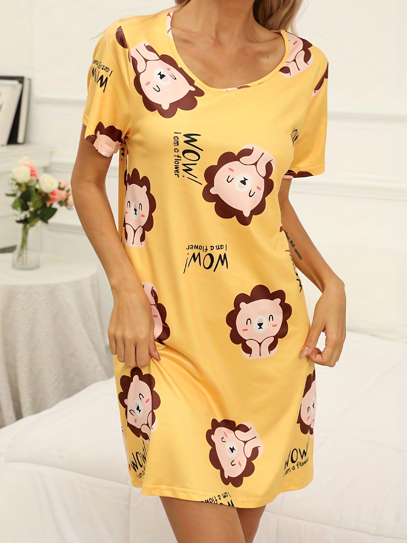 Cartoon Lion Print Lounge Dress & Comfy Crew Neck Short Sleeve Home Dress