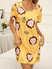 Cartoon Lion Print Lounge Dress & Comfy Crew Neck Short Sleeve Home Dress