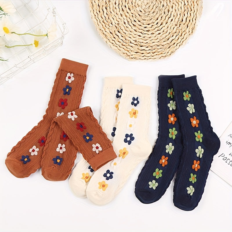 3 Pairs Floral Print Socks Comfy Mid Tube Women's Stockings