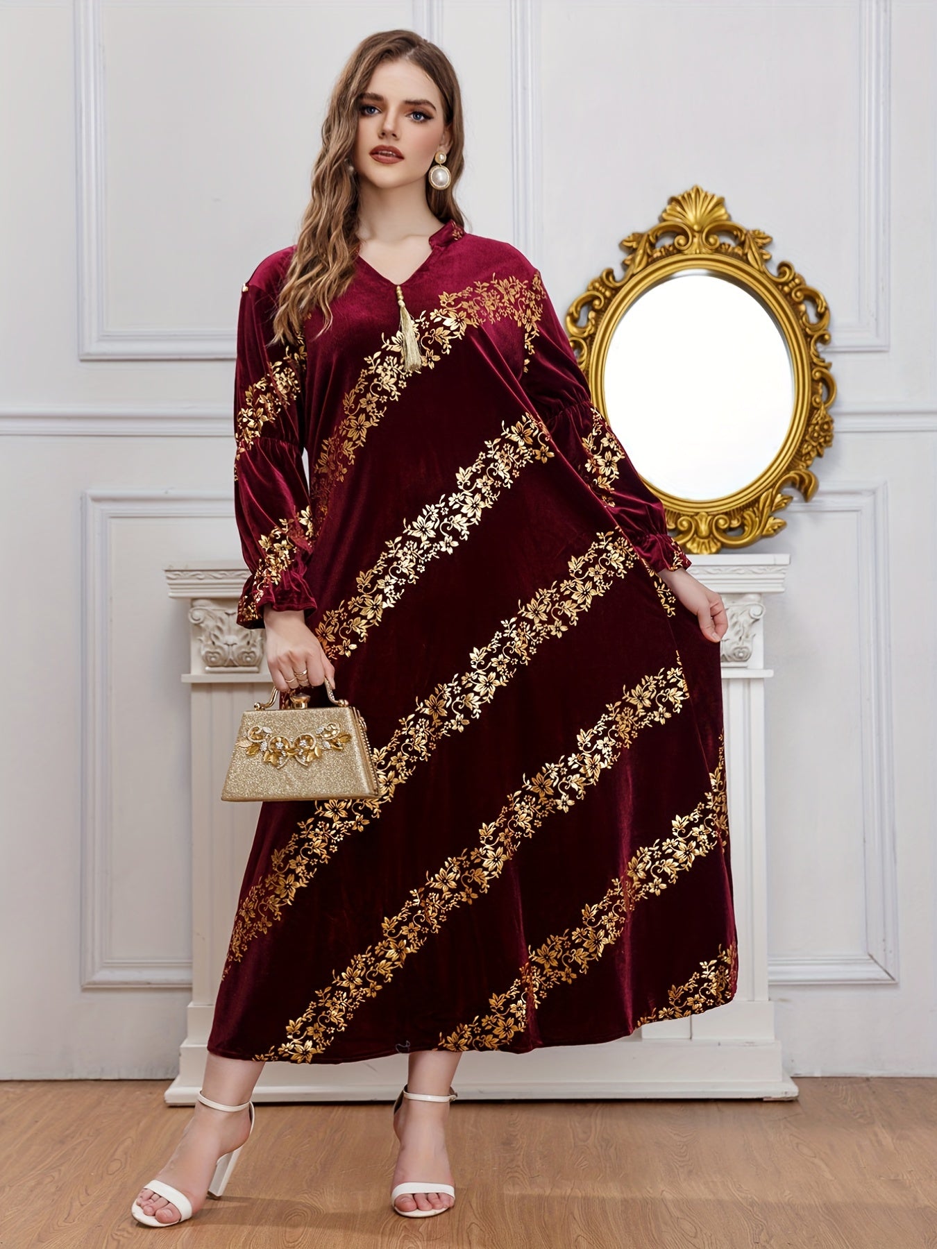Golden Floral Print Flounce Sleeve Abaya Dress