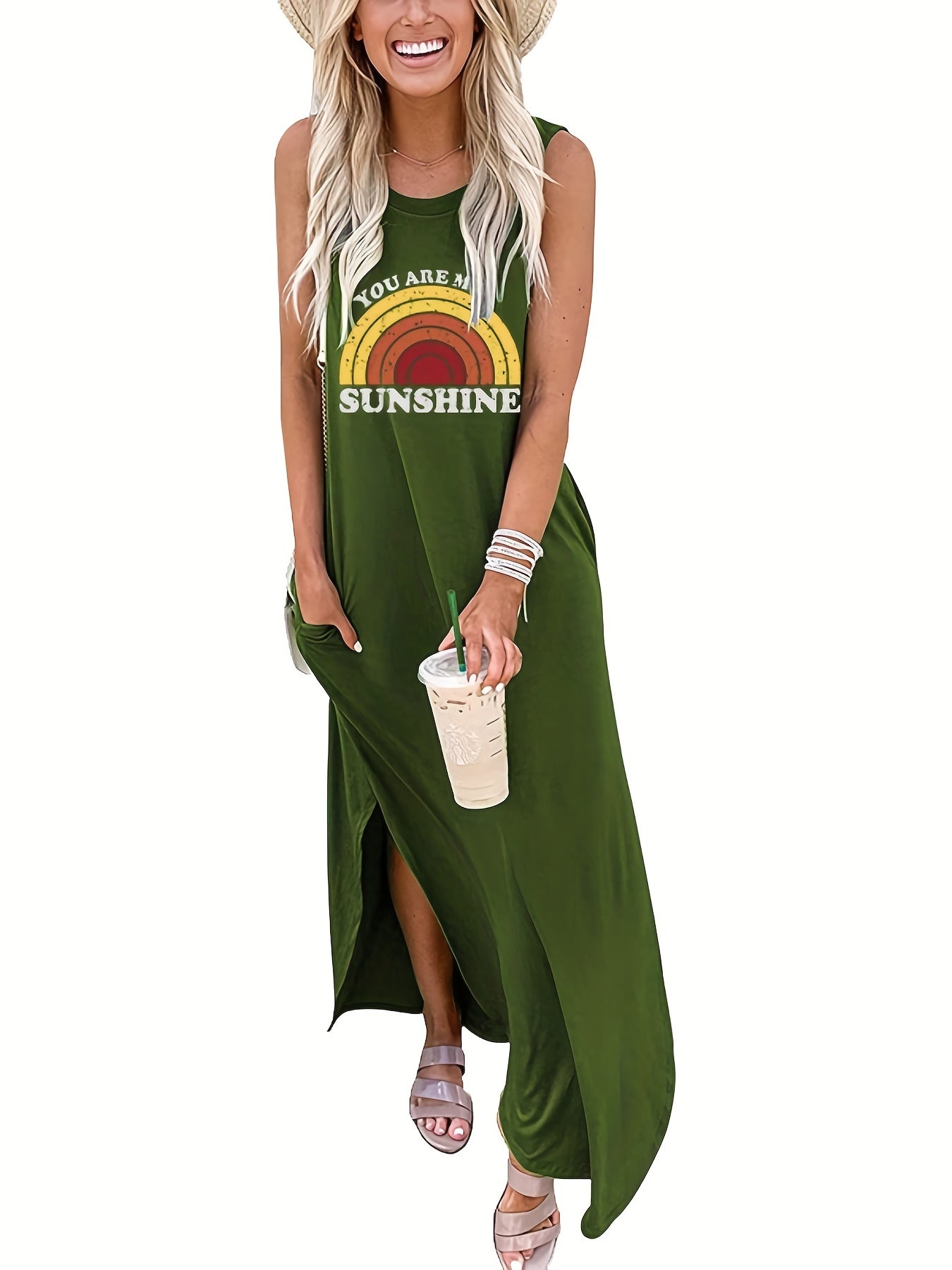 Rainbow Print Sleeveless Dress Casual Tank Dress For Spring & Summer