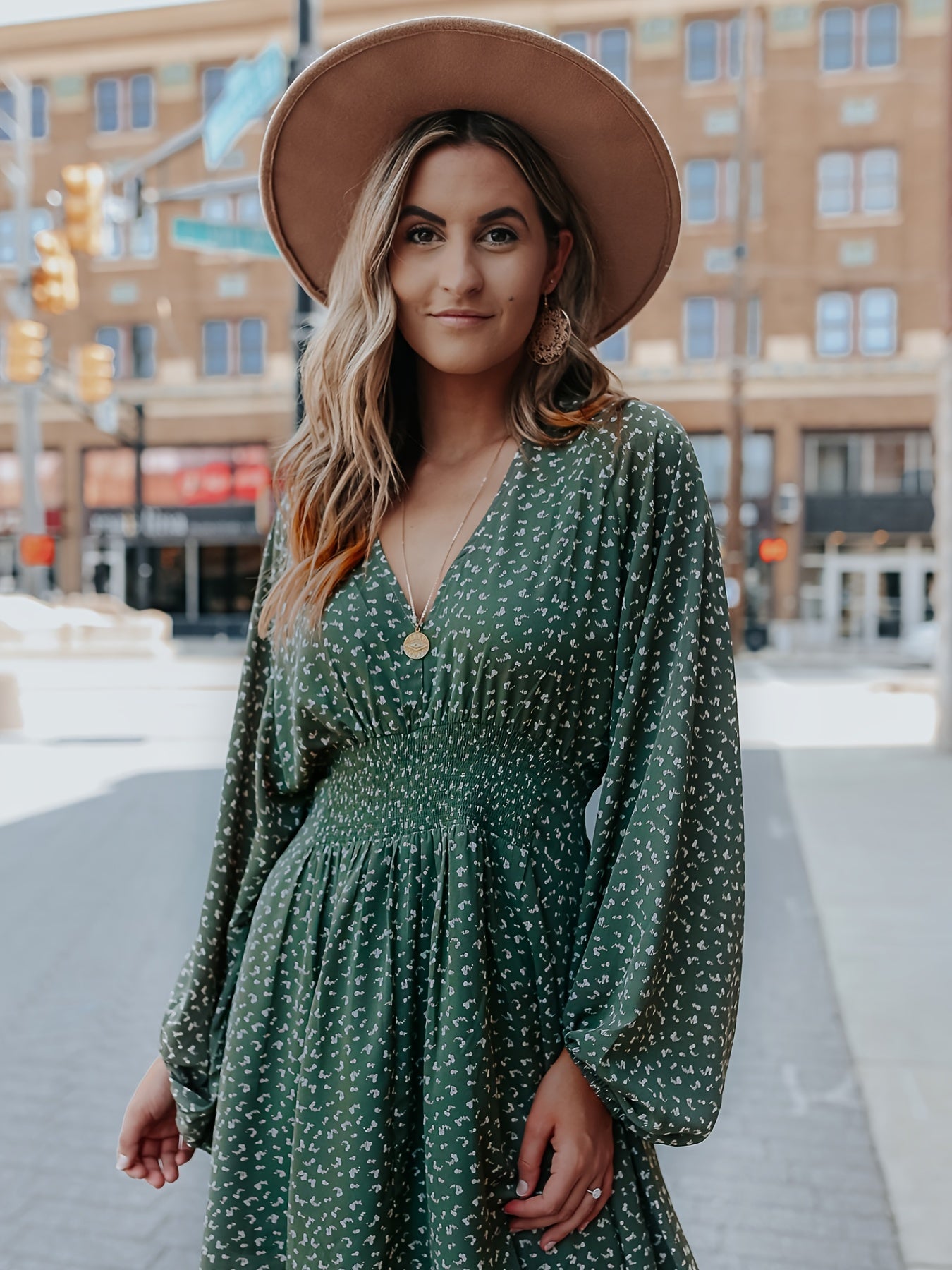 Casual Dress Women's Plus Ditsy Print Lantern Sleeve Dress