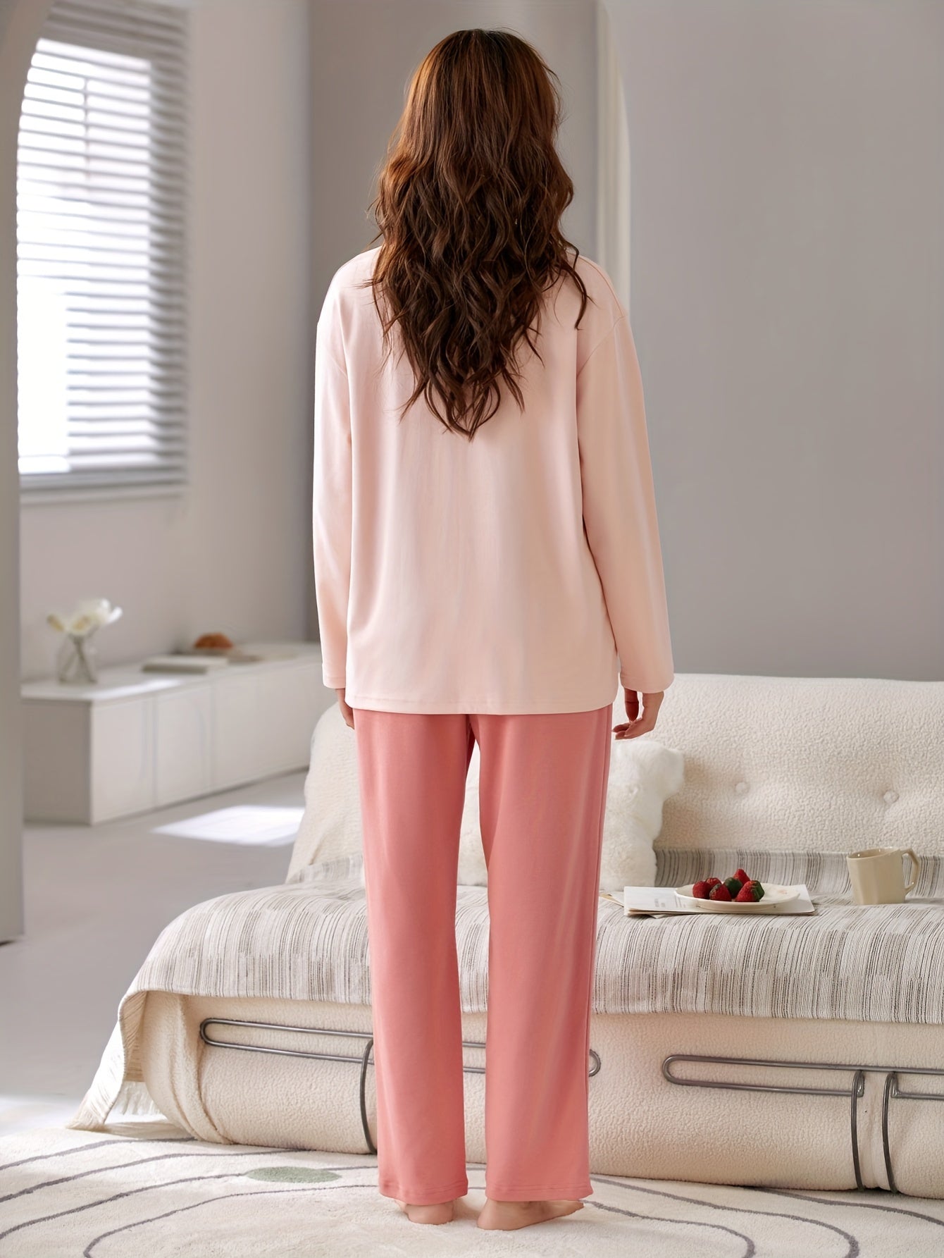 Bunny Print Lounge Set Long Sleeve Top & Pants Women's Pajamas