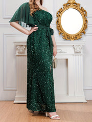 Glitter Sequin One Shoulder Split Maxi Party Dress