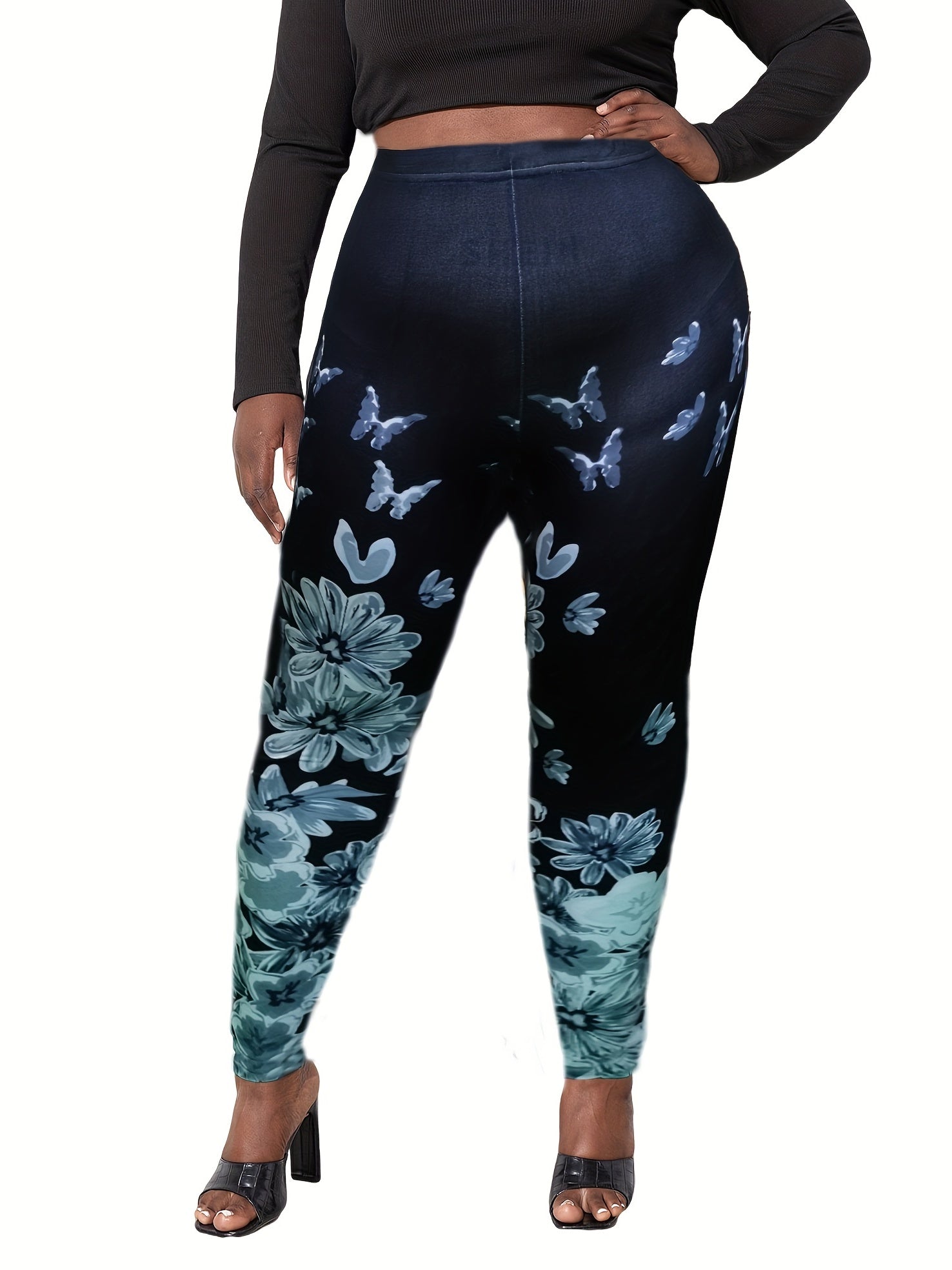 Plus Size Butterfly Floral Print High Rise Skinny Leggings