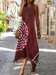 Tie Dye Tassel Tank Dress Crew Neck Sleeveless Women's Clothing