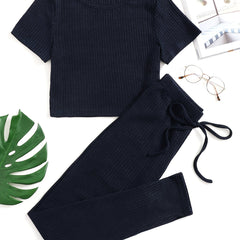 Ribbed Lounge Set Short Sleeve Crew Neck Top & Pants
