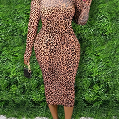 Leopard Print High Neck Bodycon Dress Women's Plus Medium