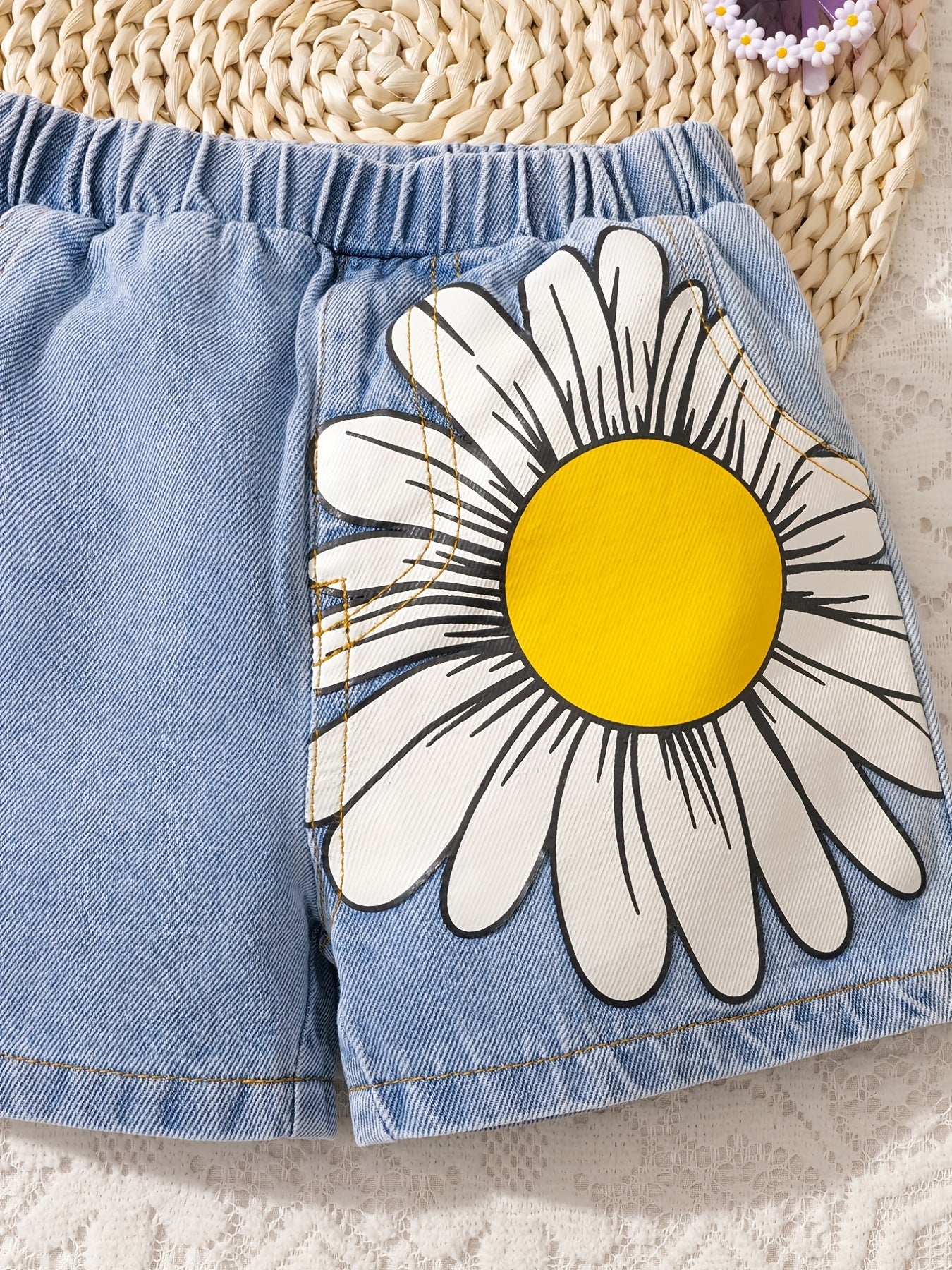Baby's Sunflower Print Denim Shorts With Pockets