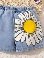 Baby's Sunflower Print Denim Shorts With Pockets