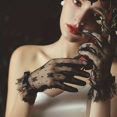 Short Lace Gloves Bowknot Ruffles for Bridal Wedding Dress